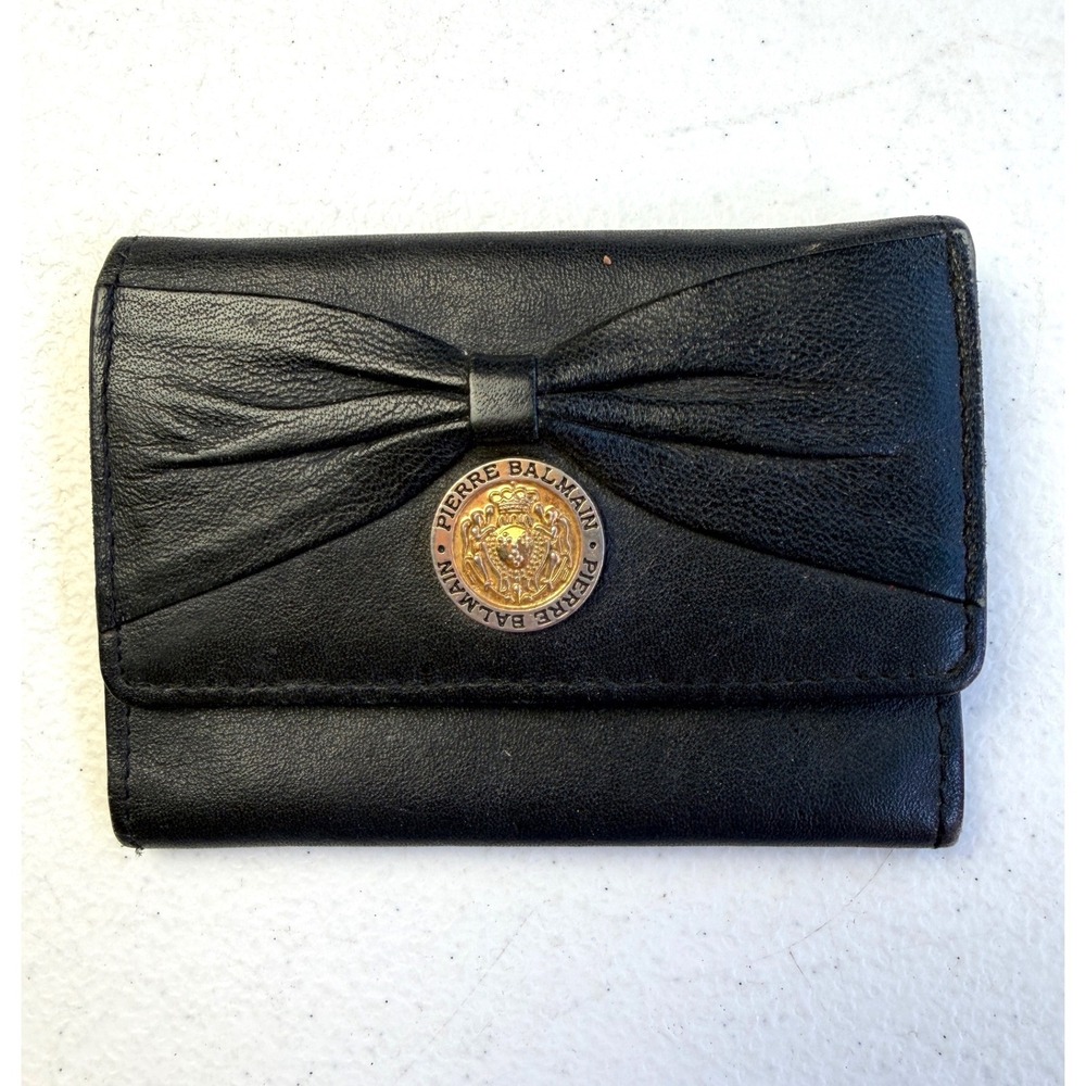 Pierre Balmain Vintage Black Leather Bow Coin Purse Wallet Gold Logo Small Flap